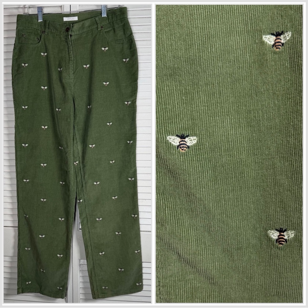 Y2K Green Corduroy Pants Embroidered Bees Charter Club Laura Fit Size 10